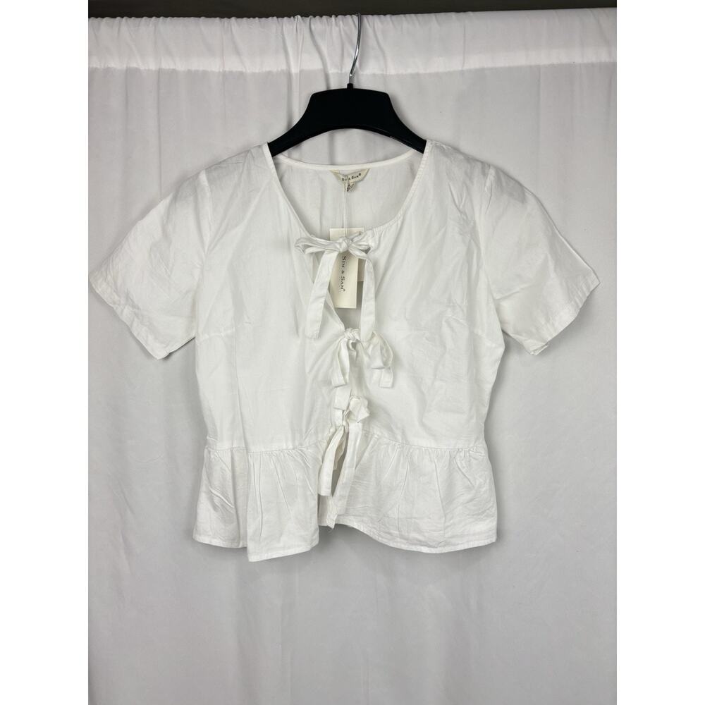 NWT Sim & Sam Tie Front Short Sleeve Top White Cotton Size S Cottage Prairie